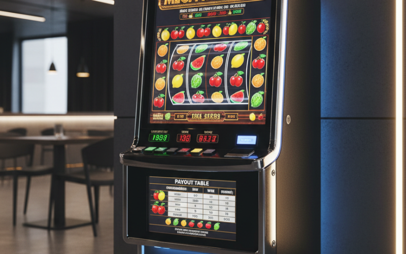 A single high-end digital fruit machine with a large, crisp touchscreen display showing colourful spinning reels, jackpot banners, and clear payout tables, encased in a glossy black cabinet with brushed metal edges. The machine stands prominently in a bright, modern bar corner, set against a textured charcoal-grey wall with subtle accent lighting. Soft, warm overhead lighting blends with the machine’s cool LED glow, creating balanced highlights and minimal shadows. Captured in photographic realism from a slightly angled, three-quarter perspective, with a shallow depth of field that gently blurs the background. The mood is professional, inviting, and focused on reliable revenue generation for venues.