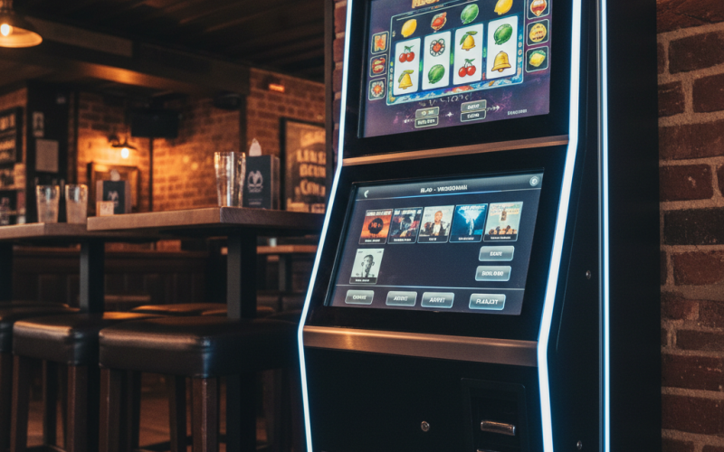 A compact, space-efficient fruit machine and digital jukebox combo positioned against a brick accent wall inside a stylish UK pub interior, with high tables and bar stools softly blurred in the background. The machines have coordinated matte black casings, brushed aluminium trim, and clear, easy-to-read LCD screens displaying games and music interfaces. Warm ambient pendant lighting from the pub ceiling mixes with the machines’ cool LED highlights, producing a comfortable, balanced glow. Captured in photographic realism at a low, three-quarter angle to emphasise the hardware and its neat footprint, with moderate depth of field. The mood is professional, profitable, and venue-friendly, highlighting how machines integrate seamlessly into hospitality spaces.