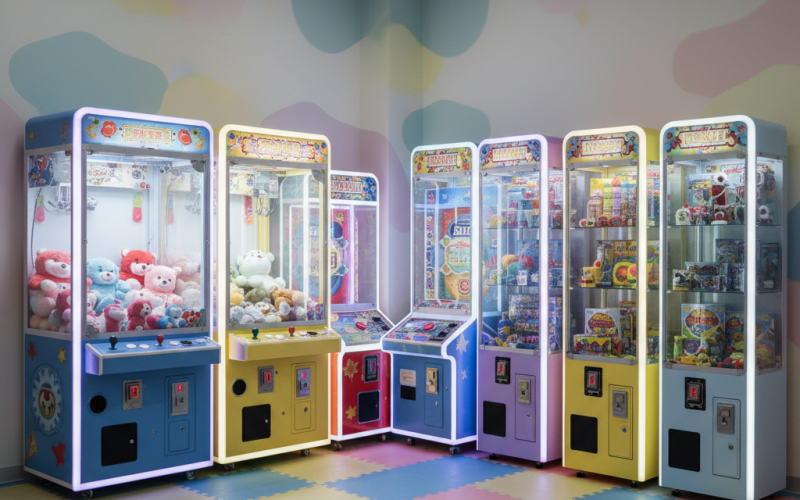 A compact cluster of family-friendly arcade machines, including claw grabbers, ticket redemption games, and colourful prize cabinets, all with clean, unbranded fronts. The machines feature bright but tasteful LED edging and smooth plastic casings in muted primary colours. They are arranged neatly in the corner of a well-lit soft play centre, with padded flooring and simple geometric wall graphics softly blurred in the background. Neutral overhead lighting enhances the machines’ own glow without harsh contrasts. Shot at eye level with photographic realism and a balanced, wide composition to show multiple units, conveying a safe, organised, and commercially appealing arcade setup for family venues.