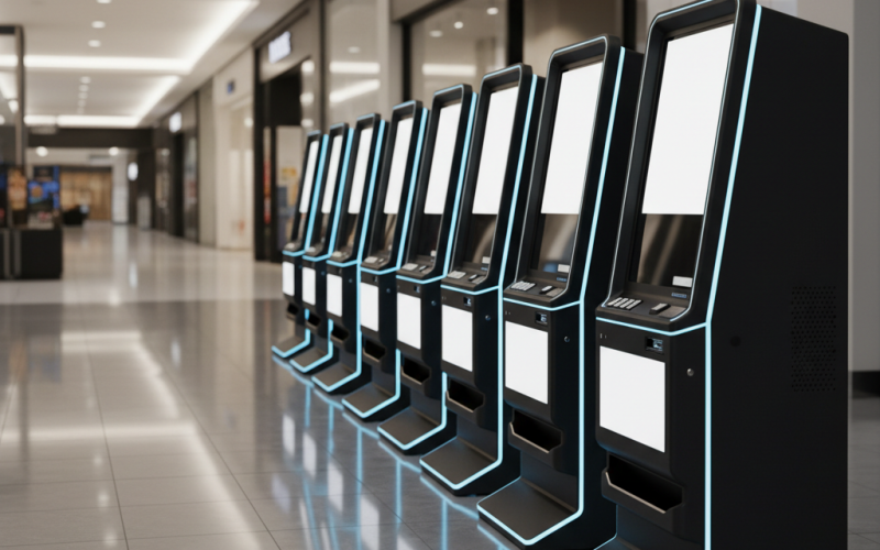 A sleek row of cashbox-ready fruit machines and digital gaming terminals installed along a wide, polished corridor in a contemporary UK shopping centre. Each cabinet is modern and minimalist, with clean branding areas left blank, matte black side panels, and discreet LED accents. The corridor features glossy tiled flooring that catches subtle reflections from the game screens, and neutral-toned shopfronts gently out of focus in the background. Bright, even mall lighting combines with the machines’ own illumination, preventing any dark patches. Photographic realism, shot from a slightly elevated angle with strong depth of field, creating a professional, high-footfall commercial environment ideal for profit-share arcade installations.